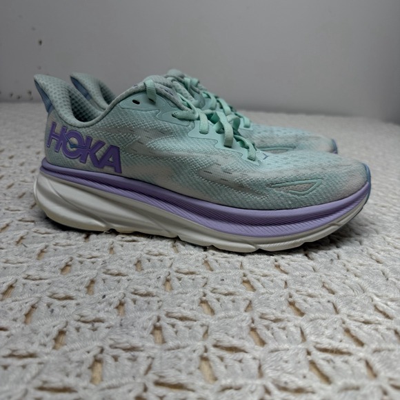 Hoka Shoes - HOKA Clifton 9 Shoes Womens Size 8.5 B Mint Green Purple Running Gym Cushioned